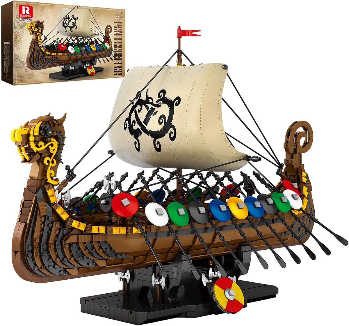 Reobrix - 66101 Viking Longship bouwset | Modulair miniratuur constructie modelbouw | Educatief speelgoed bouwpakketten voor kinderen & volwassenen | Blok formaat 4.9mm | 2547 bouwstenen